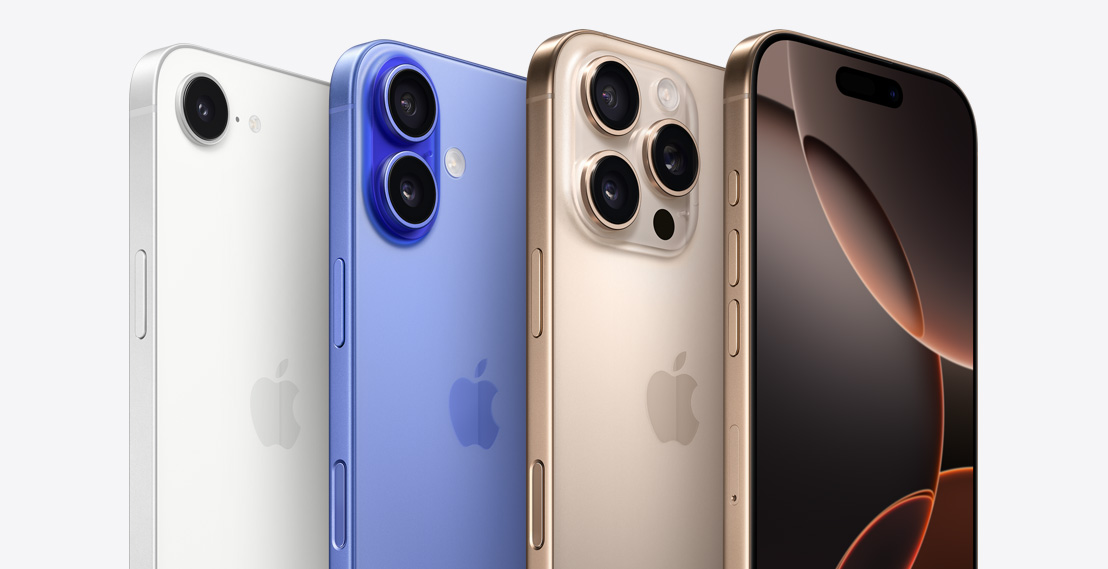 Four iPhone devices, including two iPhone 16 Pro models in Desert Titanium, one showing 3 camera lenses behind the other iPhone 16 Pro showing the Dynamic Island. Next to an iPhone 16 model in Ultramarine showing 2 camera lenses and an iPhone 16e model in White showing 1 camera lens.