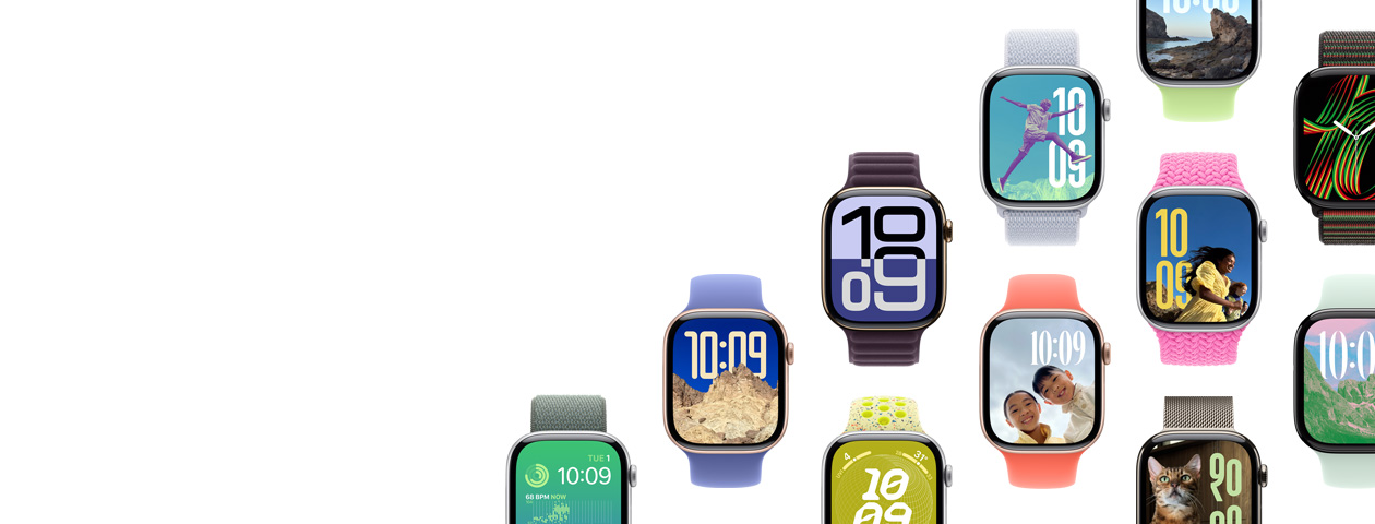 Multiple different case, band, and watch face combinations to show the possibilities.
