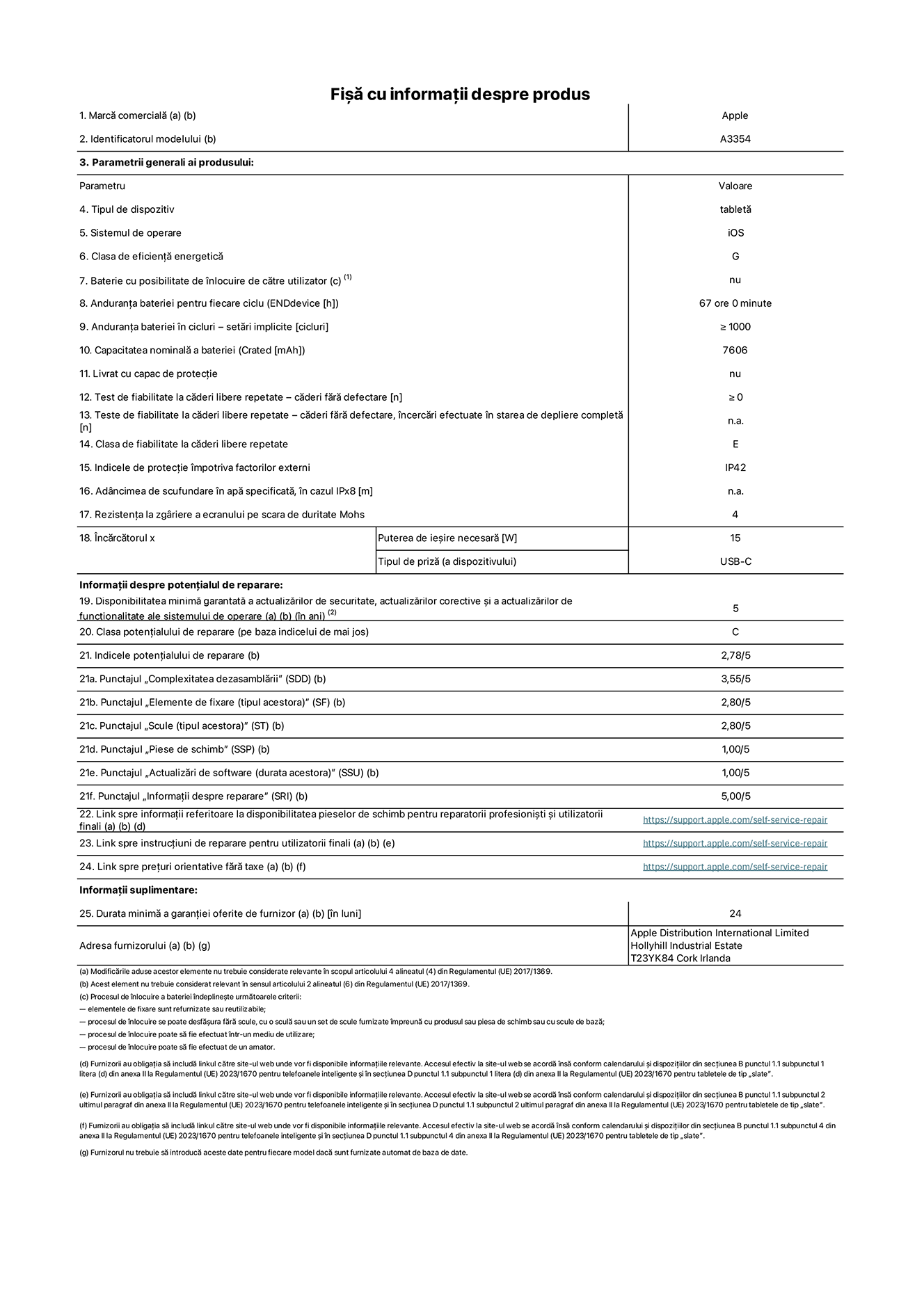 Fișa cu informații despre produs pentru iPad Wi-Fi, modelul A3354. Furnizată de Apple Distribution International Ltd, Hollyhill Industrial Estate. Cork, Irlanda T23 YK84. Tipul de dispozitiv: tabletă. Sistemul de operare: iOS. Clasa de eficiență energetică: G. Baterie cu posibilitate de înlocuire de către utilizator: nu. Anduranța bateriei: 67 de ore. Anduranța bateriei în cicluri: ≥ 1000. Capacitatea nominală a bateriei: 7606 mAh. Test de fiabilitate la căderi libere repetate – căderi fără defectare: ≥ 0. Clasa de fiabilitate la căderi libere repetate: E. Indicele de protecție împotriva factorilor externi: IP42. Rezistența la zgâriere a ecranului pe scara de duritate Mohs: 4. Puterea de ieșire necesară pentru încărcător: 15 W. Tipul de priză pentru încărcător: USB-C. Disponibilitatea minimă garantată a actualizărilor de securitate, a actualizărilor corective și a actualizărilor de funcționalitate ale sistemului de operare: 5 ani. Clasa potențialului de reparare: C. Indicele potențialului de reparare: 2,78/5. Punctajul „Complexitatea dezasamblării”: 3,55/5. Punctajul „Elemente de fixare”: 2,80/5. Punctajul „Scule”: 2,80/5. Punctajul „Piese de schimb”: 1,00/5. Punctajul „Actualizări de software”: 1,00/5. Punctajul „Informații despre reparare”: 5,00/5. Link spre informații referitoare la disponibilitatea pieselor de schimb pentru reparatorii profesioniști și utilizatorii finali: https://support.apple.com/self-service-repair. Link spre instrucțiuni de reparare pentru utilizatorii finali: https://support.apple.com/self-service-repair. Link spre prețuri orientative fără taxe: https://support.apple.com/self-service-repair. Garanție generală oferită: 24 de luni.