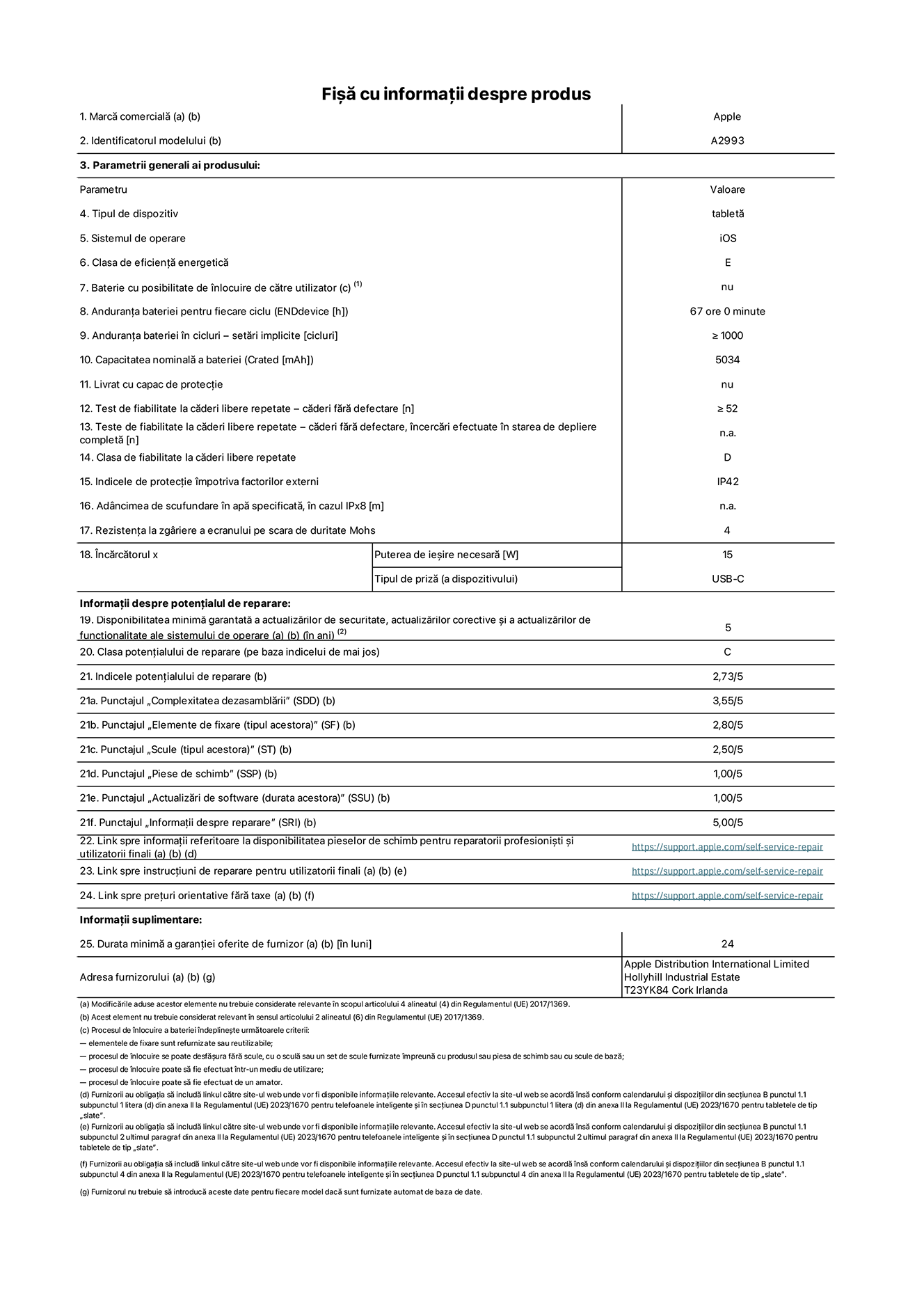 Fișa cu informații despre produs pentru iPad mini Wi-Fi, modelul A2993. Furnizată de Apple Distribution International Ltd, Hollyhill Industrial Estate. Cork, Irlanda T23 YK84. Tipul de dispozitiv: tabletă. Sistemul de operare: iOS. Clasa de eficiență energetică: E. Baterie cu posibilitate de înlocuire de către utilizator: nu. Anduranța bateriei: 67 de ore. Anduranța bateriei în cicluri: mai mare sau egală cu 1000. Capacitatea nominală a bateriei: 5034 mAh. Test de fiabilitate la căderi libere repetate – căderi fără defectare: mai mare sau egal cu 52. Clasa de fiabilitate la căderi libere repetate: D. Indicele de protecție împotriva factorilor externi: IP42. Rezistența la zgâriere a ecranului pe scara de duritate Mohs: 4. Puterea de ieșire necesară pentru încărcător: 15 W. Tipul de priză pentru încărcător: USB-C. Disponibilitatea minimă garantată a actualizărilor de securitate, a actualizărilor corective și a actualizărilor de funcționalitate ale sistemului de operare: 5 ani. Clasa potențialului de reparare: C. Indicele potențialului de reparare: 2,73/5. Punctajul „Complexitatea dezasamblării”: 3,55/5. Punctajul „Elemente de fixare”: 2,80/5. Punctajul „Scule”: 2,50/5. Punctajul „Piese de schimb”: 1,00/5. Punctajul „Actualizări de software”: 1,00/5. Punctajul „Informații despre reparare”: 5,00/5. Link spre informații referitoare la disponibilitatea pieselor de schimb pentru reparatorii profesioniști și utilizatorii finali: https://support.apple.com/self-service-repair. Link spre instrucțiuni de reparare pentru utilizatorii finali: https://support.apple.com/self-service-repair. Link spre prețuri orientative fără taxe: https://support.apple.com/self-service-repair. Garanție generală oferită: 24 de luni.