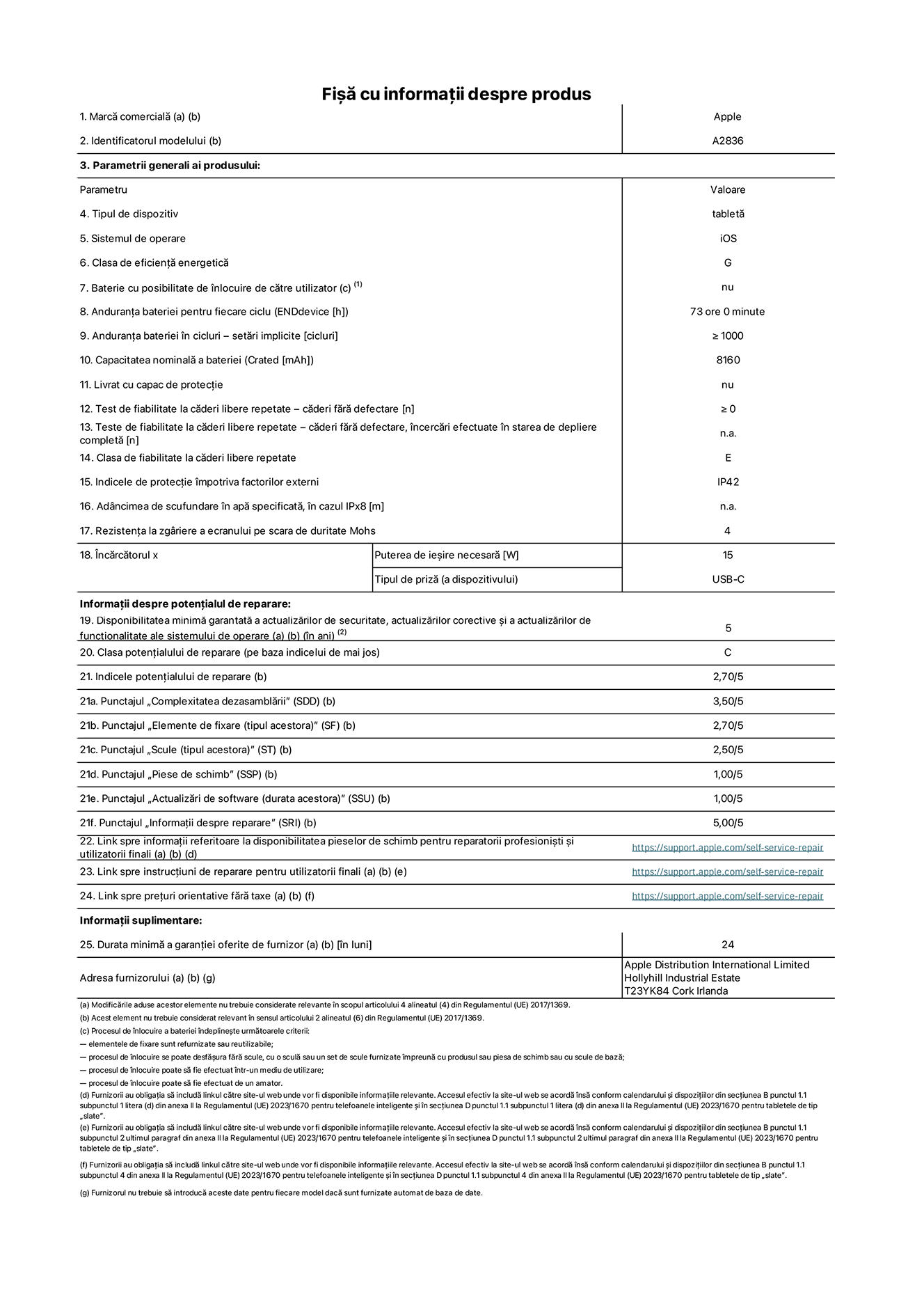 Fișa cu informații despre produs pentru iPad Pro Wi-Fi de 11 inchi, modelul A2836. Furnizată de Apple Distribution International Ltd, Hollyhill Industrial Estate. Cork, Irlanda T23 YK84. Tipul de dispozitiv: tabletă. Sistemul de operare: iOS. Clasa de eficiență energetică: G. Baterie cu posibilitate de înlocuire de către utilizator: nu. Anduranța bateriei: 73 de ore. Anduranța bateriei în cicluri: ≥ 1000. Capacitatea nominală a bateriei: 8160 mAh. Test de fiabilitate la căderi libere repetate – căderi fără defectare: ≥ 0. Clasa de fiabilitate la căderi libere repetate: E. Indicele de protecție împotriva factorilor externi: IP42. Rezistența la zgâriere a ecranului pe scara de duritate Mohs: 4. Puterea de ieșire necesară pentru încărcător: 15 W. Tipul de priză pentru încărcător: USB-C. Disponibilitatea minimă garantată a actualizărilor de securitate, a actualizărilor corective și a actualizărilor de funcționalitate ale sistemului de operare: 5 ani. Clasa potențialului de reparare: C. Indicele potențialului de reparare: 2,70/5. Punctajul „Complexitatea dezasamblării”: 3,50/5. Punctajul „Elemente de fixare”: 2,70/5. Punctajul „Scule”: 2,50/5. Punctajul „Piese de schimb”: 1,00/5. Punctajul „Actualizări de software”: 1,00/5. Punctajul „Informații despre reparare”: 5,00/5. Link spre informații referitoare la disponibilitatea pieselor de schimb pentru reparatorii profesioniști și utilizatorii finali: https://support.apple.com/self-service-repair. Link spre instrucțiuni de reparare pentru utilizatorii finali: https://support.apple.com/self-service-repair. Link spre prețuri orientative fără taxe: https://support.apple.com/self-service-repair. Garanție generală oferită: 24 de luni.