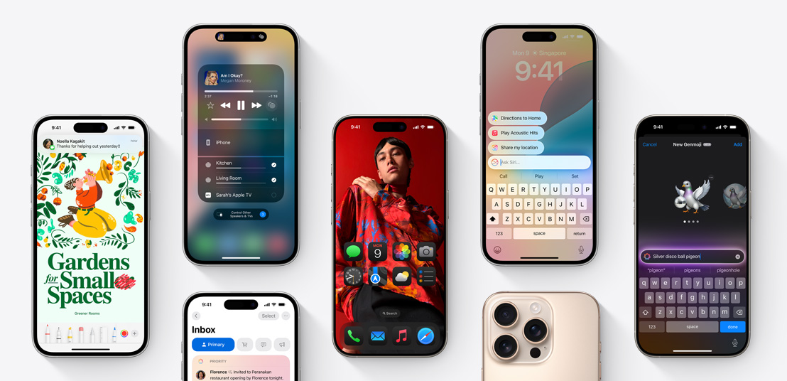 iPhone 16 screens displaying multiple iOS18 features