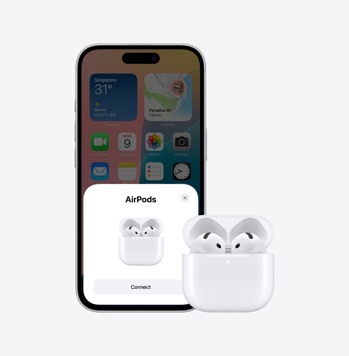 iPhone 16 is displayed along set a pair of Airpods