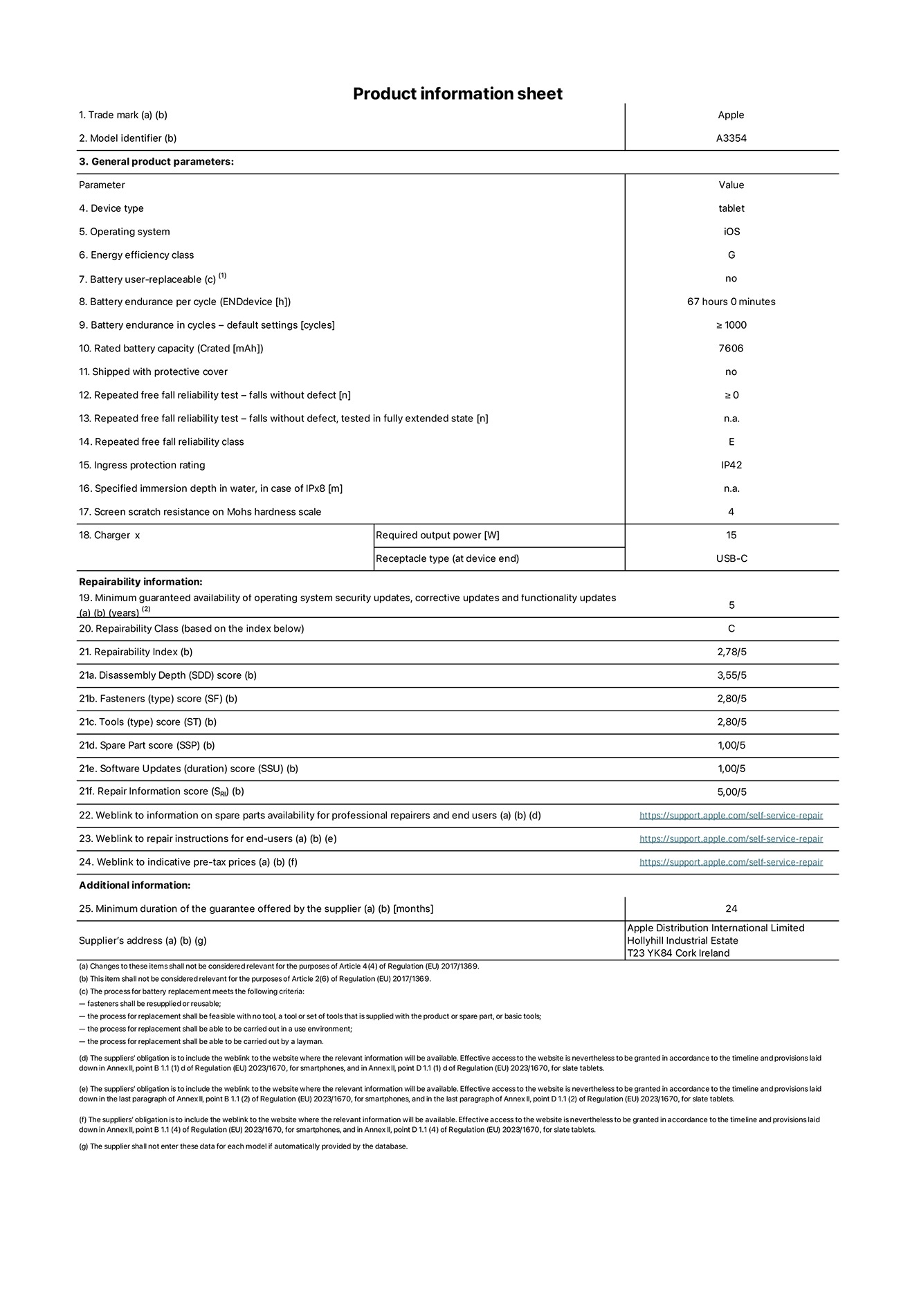 Product information sheet for iPad Wi-Fi, model A3354. Supplied by Apple Distribution International Ltd, Hollyhill Industrial Estate. Cork, Ireland T23 YK84. Device type: tablet. Operating system: iOS. Energy efficiency class: G. Battery user-replaceable: no. Battery endurance: 67 hours. Battery endurance in cycles: ≥ 1000. Rated battery capacity: 7606 mAh. Repeated free fall reliability test - falls without defect: ≥ 0. Repeated free fall reliability class: E. Ingress protection rating: IP42. Screen scratch resistance on Mohs hardness scale: 4. Charger required output power: 15 W. Charger receptacle type: USB-C. Minimum guaranteed availability of operating system security updates, corrective updates and functionality updates: 5 years. Repairability Class: C. Repairability Index: 2, 78/5. Disassembly Depth score: 3, 55/5. Fasteners score: 2, 80/5. Tools score: 2, 80/5. Spare Part score: 1, 00/5. Software Updates score: 1, 00/5. Repair Information score: 5, 00/5. Weblink to information on spare parts availability for professional repairers and end users: https://support.apple.com/self-service-repair. Weblink to repair instructions for end-users: https://support.apple.com/self-service-repair. Weblink to indicative pre-tax prices: https://support.apple.com/self-service-repair. 24-month general guarantee offered.