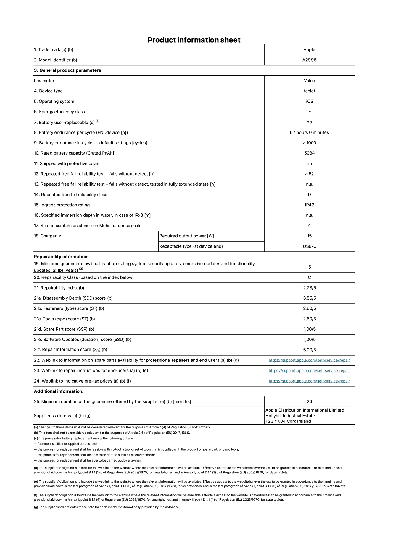 Product information sheet for iPad mini Wi-Fi + Cellular, model A2995. Supplied by Apple Distribution International Ltd, Hollyhill Industrial Estate. Cork, Ireland T23 YK84. Device type: tablet. Operating system: iOS. Energy efficiency class: E. Battery user-replaceable: no. Battery endurance: 67 hours. Battery endurance in cycles: greater than or equal to 1000. Rated battery capacity: 5034 mAh. Repeated free fall reliability test - falls without defect: greater than or equal to 52. Repeated free fall reliability class: D. Ingress protection rating: IP42. Screen scratch resistance on Mohs hardness scale: 4. Charger required output power: 15 W. Charger receptacle type: USB-C. Minimum guaranteed availability of operating system security updates, corrective updates and functionality updates: 5 years. Repairability Class: C. Repairability Index: 2,73/5. Disassembly Depth score: 3,55/5. Fasteners score: 2,80/5. Tools score: 2,50/5. Spare Part score: 1,00/5. Software Updates score: 1,00/5. Repair Information score: 5,00/5. Weblink to information on spare parts availability for professional repairers and end users: https://support.apple.com/self-service-repair. Weblink to repair instructions for end-users: https://support.apple.com/self-service-repair. Weblink to indicative pre-tax prices: https://support.apple.com/self-service-repair. 24-month general guarantee offered.