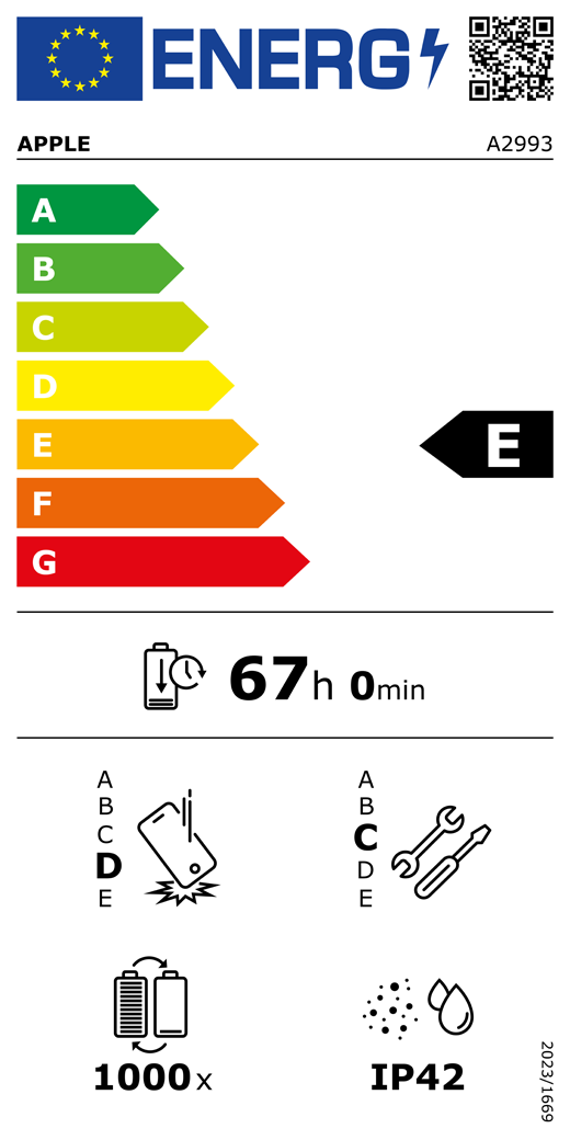 QR kód a informácie na energetickom štítku EÚ, model Apple A2993, trieda E, triedy energetickej účinnosti (so stupnicou od A po G), A (najúčinnejšia) až G (najmenej účinná), výdrž batérie na jeden cyklus, 67 hodín a 0 minút na plné nabitie batérie, trieda spoľahlivosti pri opakovanom voľnom páde D, A (najodolnejšia) až E (najmenej odolná), trieda opraviteľnosti C, A (najopraviteľnejšia) až E (najmenej opraviteľná), výdrž batérie 1000 cyklov, stupeň ochrany proti vniknutiu prachu a vody (IP) IP42, nariadenie 2023/1669