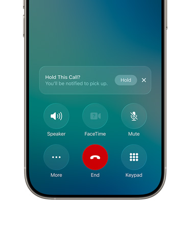 iPhone ekranının alt yarısında, yeni Tutma Yardımı seçeneğiyle birlikte etkin bir arama ve Tutma düğmesi bildirimi görünüyor 