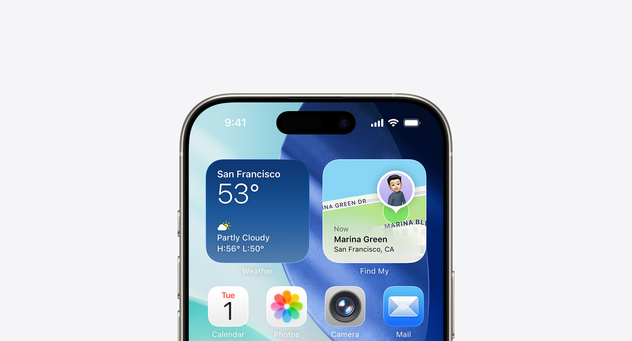 iPhone, üst kısmında Hava Durumu ve Bul araç takımlarının yer aldığı Ana Ekran görünüyor