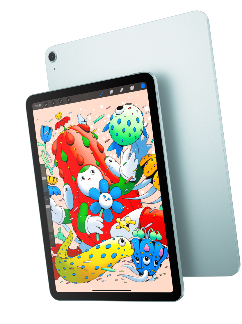 11 吋 iPad Air 的機身正面,螢幕顯示 Procreate app,背後重疊擺放的另一部藍色 iPad Air 則露出機身背面