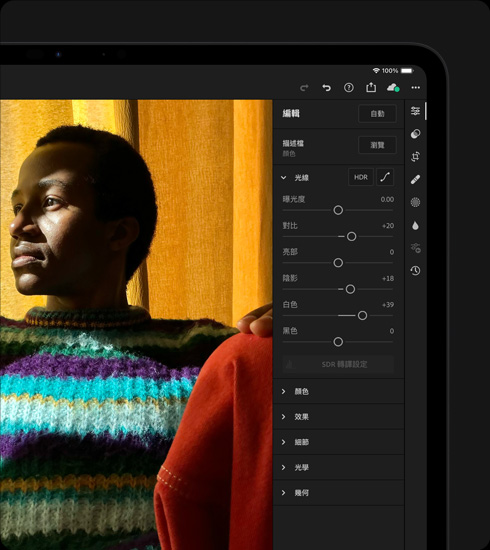 iPad Pro 的螢幕顯示正在編輯一張穿著彩色毛衣的單人照