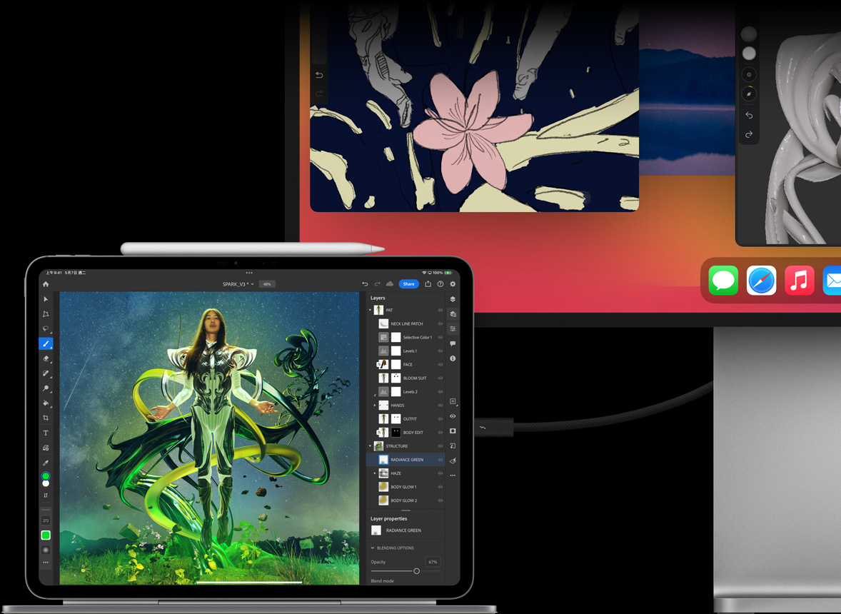 橫向放置的 iPad Pro 貼合在巧控鍵盤上，並連著一台外接顯示器，兩個螢幕都在編輯圖像