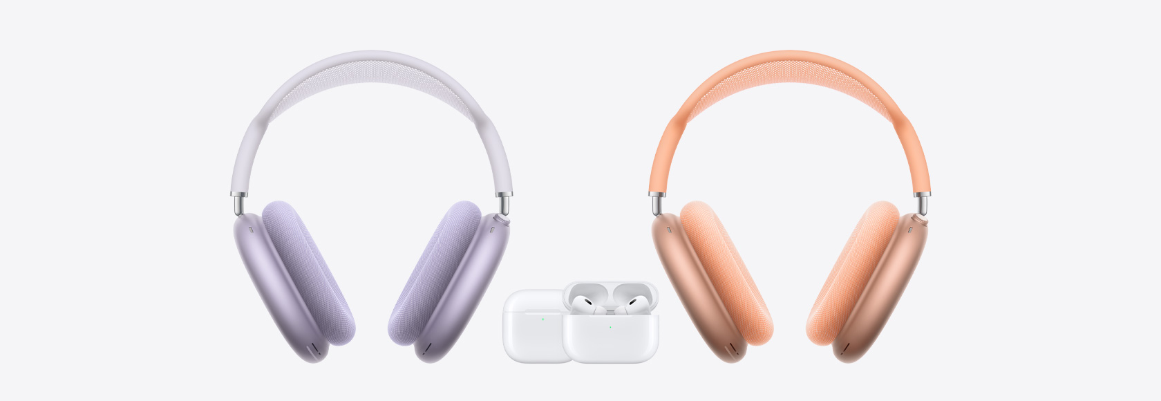 AirPods Max ліворуч, AirPods 4 праворуч та AirPods Pro 2 в центрі.