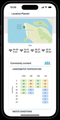Local dive conditions with community feedback displayed as part of ___location planning.