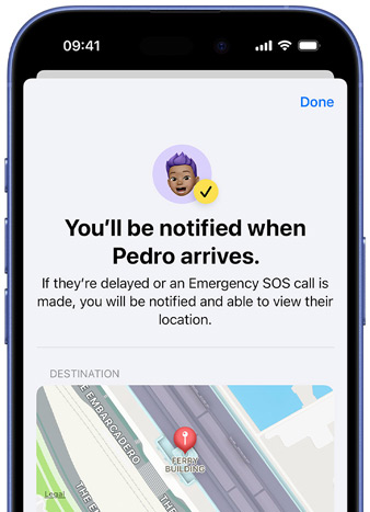 iPhone screen shows a confirmation that a Find My notification has been set up, text reads "You'll be notified when Pedro arrives", map with pinned ___location sits at bottom of screen