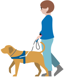 En person med nedsatt syn bruker AirPods og går med en førerhund