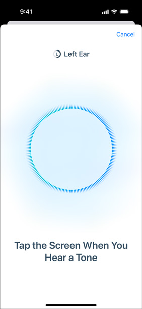 iPhone showing the Hearing Test in progress next to the AirPods Pro 2