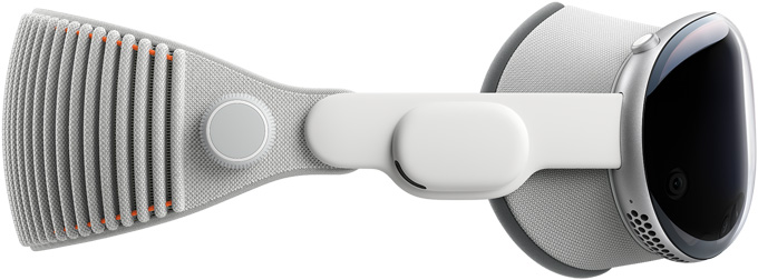 Apple Vision Pro 的側面,已裝配遮光環和可調校的編織頭帶。