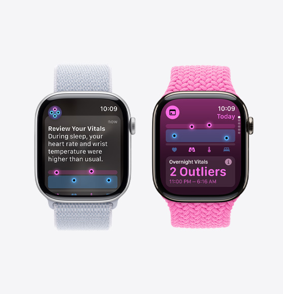 Une Apple Watch Series 10 affiche la notification « Vérifiez vos signes vitaux », et une Apple Watch Series 10 affiche l’app Signes vitaux avec la mention « 2 anomalies » pour les Signes vitaux nocturnes.