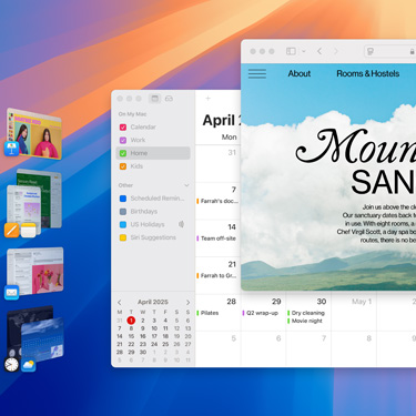 Plusieurs fenêtres et apps sont affichées sur un écran, notamment Keynote, Pages, Mail et un site web présentant un lieu paisible.