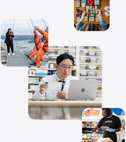 Plusieurs petites entreprises, dont un pharmacien en blouse utilisant un MacBook, une monitrice de saut à l’élastique prenant une photo avec son iPhone de deux personnes s’apprêtant à sauter, un homme tenant un iPad tout en manipulant des produits alimentaires et une femme prenant une photo avec son iPad de chaussettes disposées sur une table.