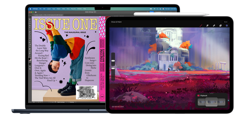 디자인 앱들을 보여주고 있는 MacBook과 iPad. iPad 옆에는 Apple Pencil Pro가 있습니다.