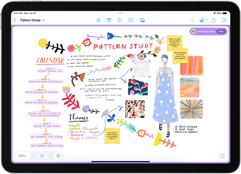 Trong ứng dụng Freeform trên iPad, một vài giấy ghi chú được hiển thị trên bảng dán nhãn Nghiên Cứu Mẫu Hình