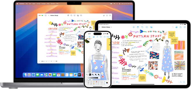 MacBook, iPhone và iPad đều hiển thị một bảng Freeform giống nhau có tiêu đề Nghiên Cứu Mẫu Hình.