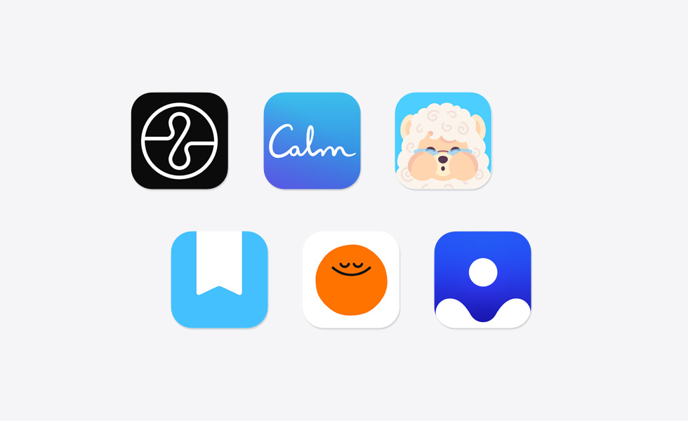 Các biểu tượng ứng dụng khác nhau trong một dãy rải rác, bao gồm Endel, Calm, Mindllama, Day One Journal, Headspace, Clearful