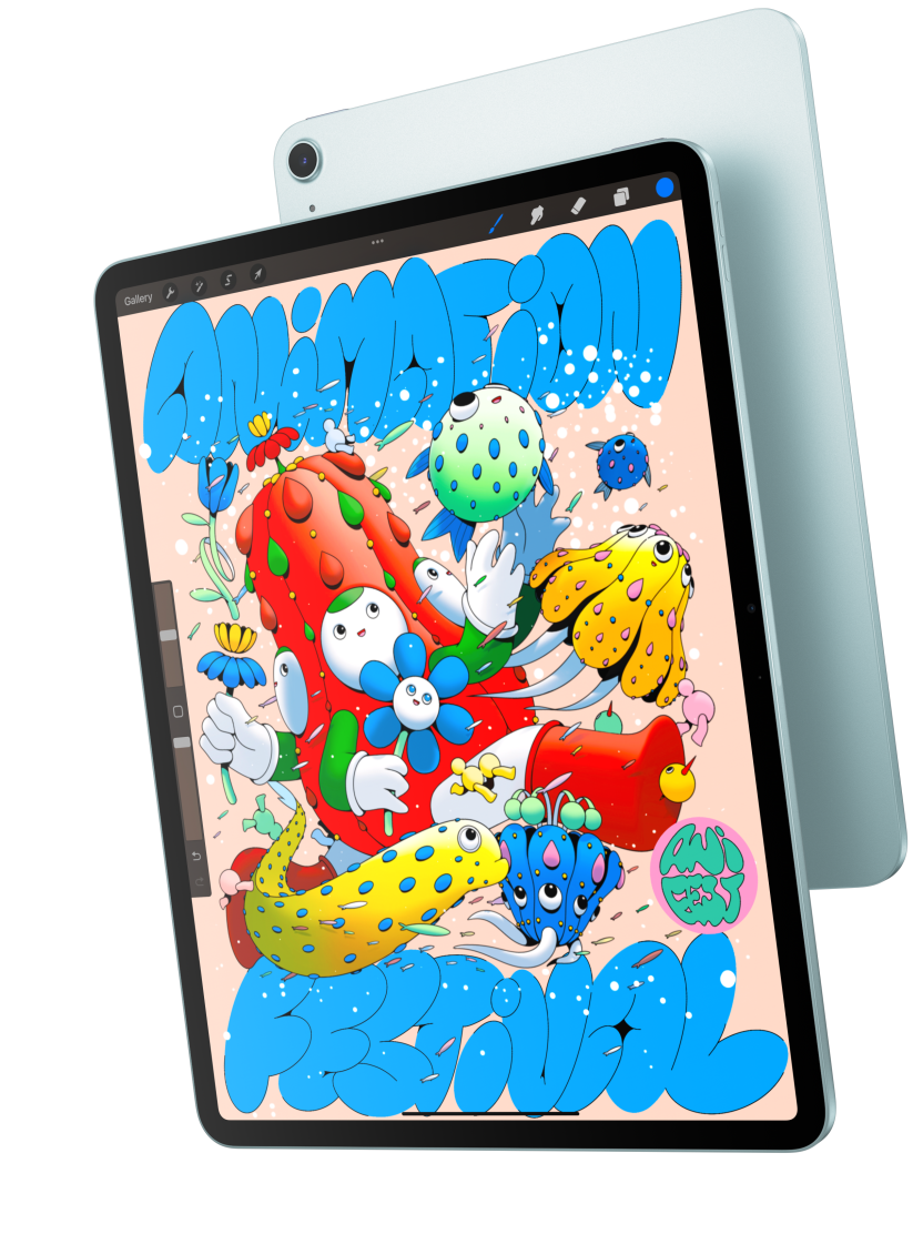 Front exterior, iPad Air showcasing the 13-inch model displaying Procreate, and overlapping the back exterior of a blue iPad Air