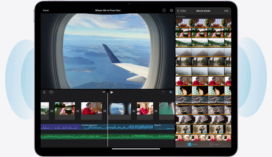 Landscape orientation, iPad Air, Blue circles on each side showing the ___location of microphones and speakers