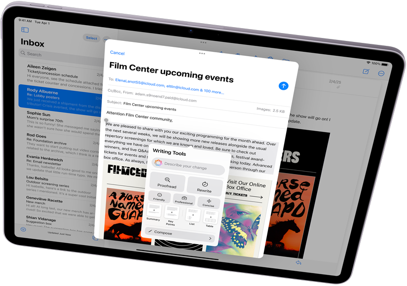 Vista horizontal do iPad Air a mostrar a Apple Intelligence com as ferramentas de escrita e Mail