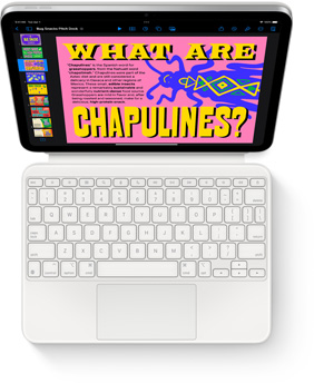En iPad vist ovenfra med et hvidt Magic Keyboard Folio.