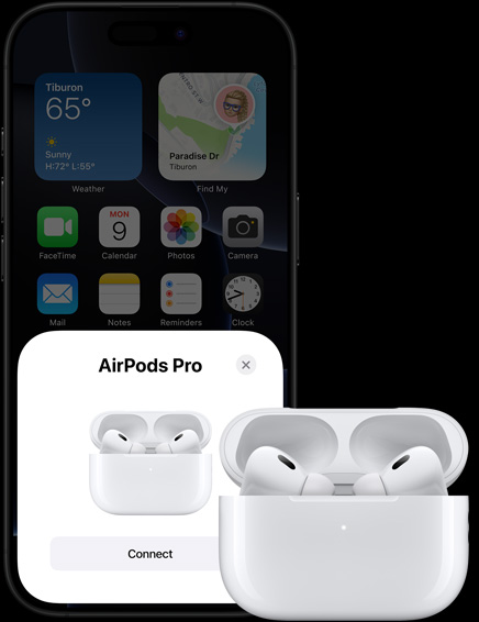 Demonstrasi fitur Berkelanjutan dengan iPhone dan AirPods.