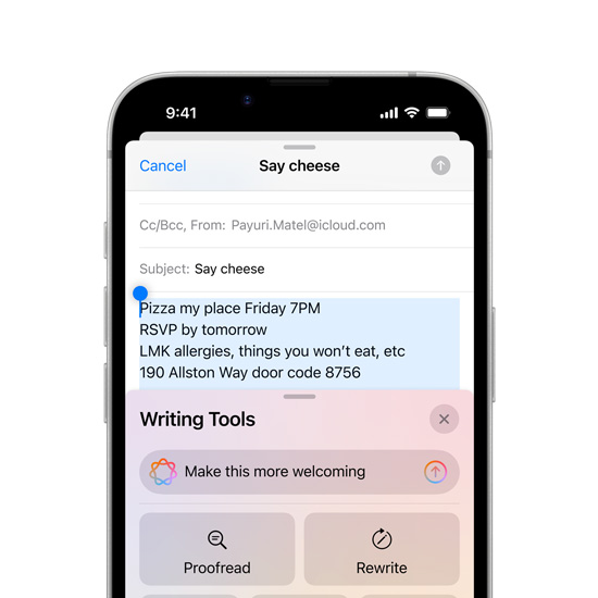En iPhone 16e-skjerm som delvis vises, med Skriveverktøy-forslag fra Apple Intelligence.
