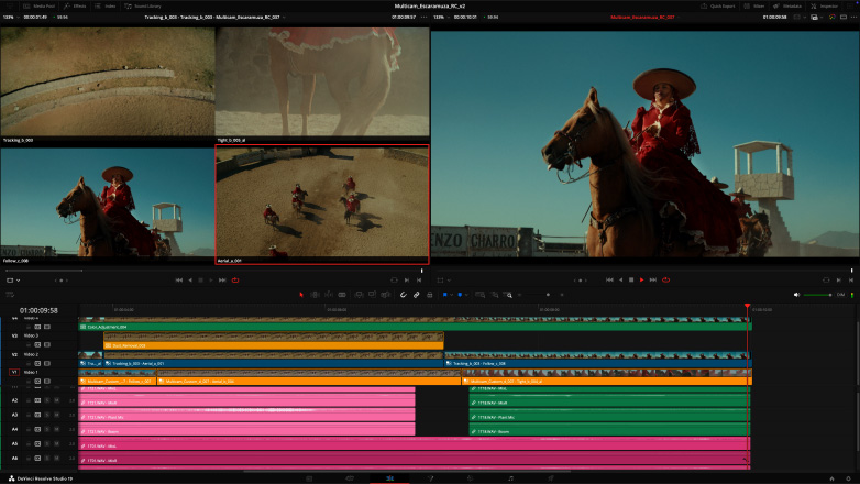 Studio Display e Mac Studio a editar sequências de vídeo captadas por várias câmaras no DaVinci Resolve Studio