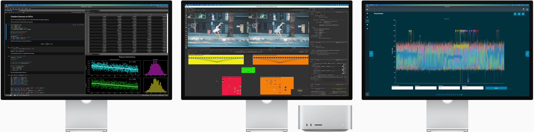 Mac Studio et trois Studio Display sur lesquels s’affichent différentes apps