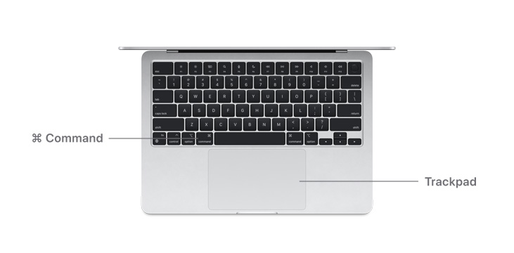Panoramica del tasto Command e del trackpad di MacBook Air M4.