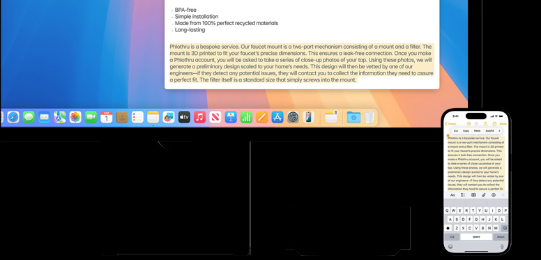 Un iPhone che utilizza gli Appunti condivisi per copiare le note su Mac mini M4 con Studio Display.