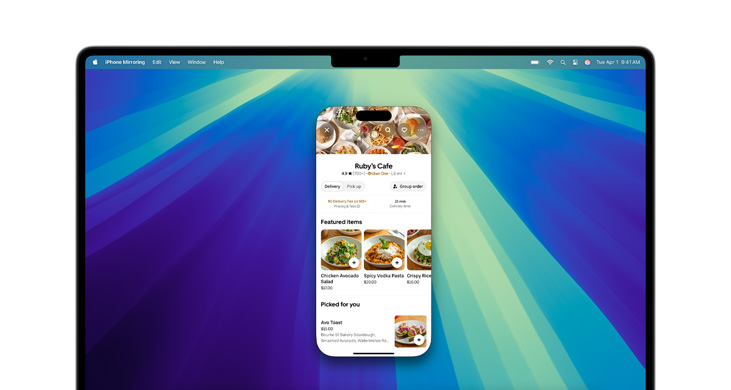 iPhone 미러링 및 DoorDash 앱을 화면에 보여주는 MacBook Pro(M4 모델).