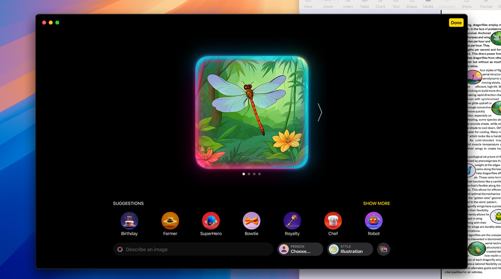 Tạo hình ảnh một con chuồn chuồn bằng tính năng Image Playground của Apple Intelligence.