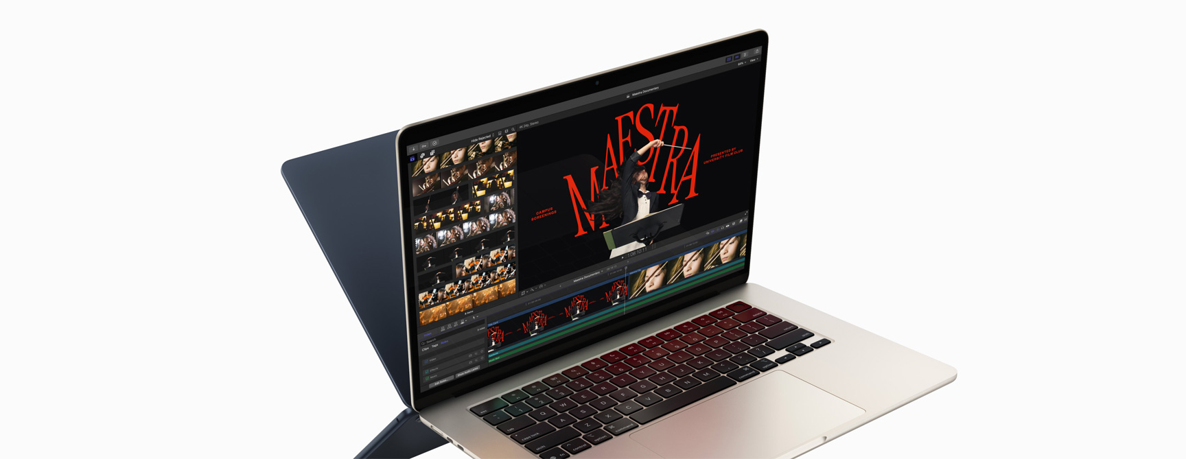 MacBook Air đang hiển thị công việc chỉnh sửa video trên Final Cut Pro nhằm thể hiện khả năng của chip M4 - mặt lưng của một chiếc MacBook Air khác xuất hiện phía sau, trông giống như hình ảnh phản chiếu