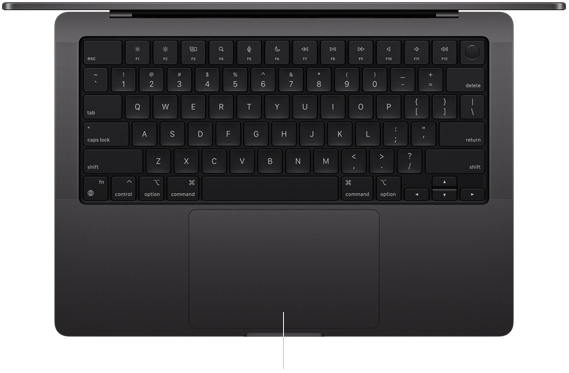 Vista dall’alto di un MacBook Pro 14 pollici aperto dove si nota il trackpad Force Touch accanto al bordo inferiore della tastiera