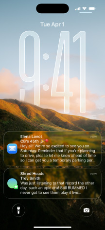 iPhone, five models, each model slightly overlapping the one next to it, far left screen shows a conversation with a background in Messages, second to the left screen shows Home Screen with colourful app icons, centre model shows Lock Screen with photo, numerals for time in Liquid Glass, two notifications appear on bottom of screen, second to the right model shows clear Liquid Glass app icons, far right model shows music player in Liquid Glass
