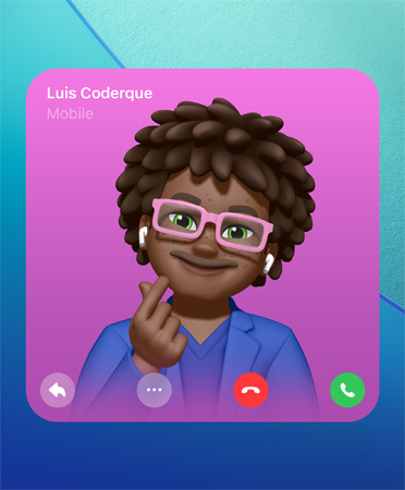 Áp Phích Liên Hệ FaceTime, Genmoji ở giữa, tên người ở trên cùng bên trái, các biểu tượng để trả lời, thêm tùy chọn, gác máy và nhấc máy ở phía dưới