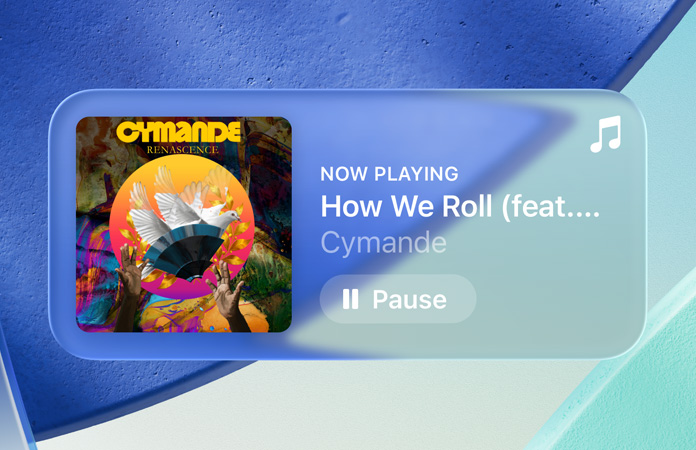 Các công cụ điều khiển trong mờ trong Apple Music với hiệu ứng khúc xạ ảnh nền