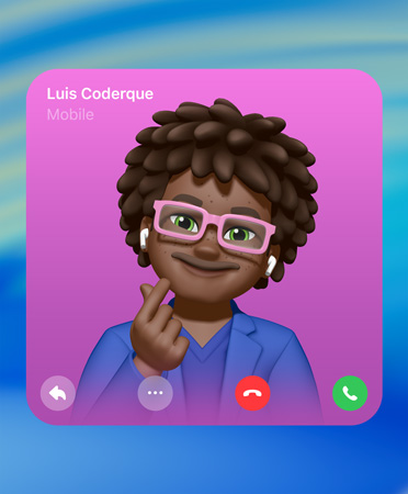 FaceTime Contact Poster, Genmoji in centre, person’s name top left, icons for reply, more options, hang up and pick up on the bottom