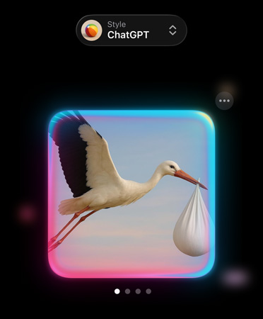 Genmoji screen with image of a photorealistic stork carrying a bundle in its beak, showing options for custom image styles from ChatGPT