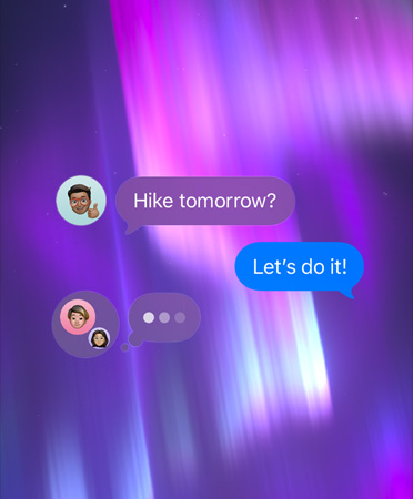 Group chat in Messages, set against a pink, purple and blue abstract background