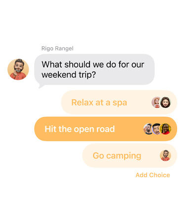 Close-up of new polls feature in Messages with people in the group chat voting for where to take a weekend trip