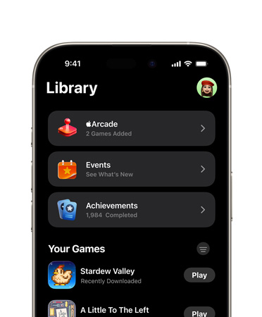 iPhone, top half only, screen shows Games app layout, including Library tab, Apple Arcade, Events, Achievements and All Games section